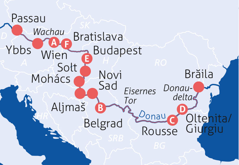 Acht-Länder-Kreuzfahrt Donaudelta Route