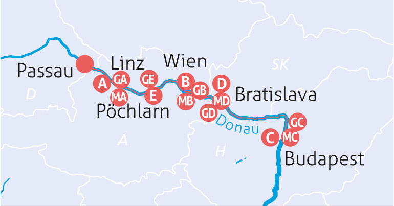  Donauklassiker Passau - Linz - Wien - Budapest - Passau Route